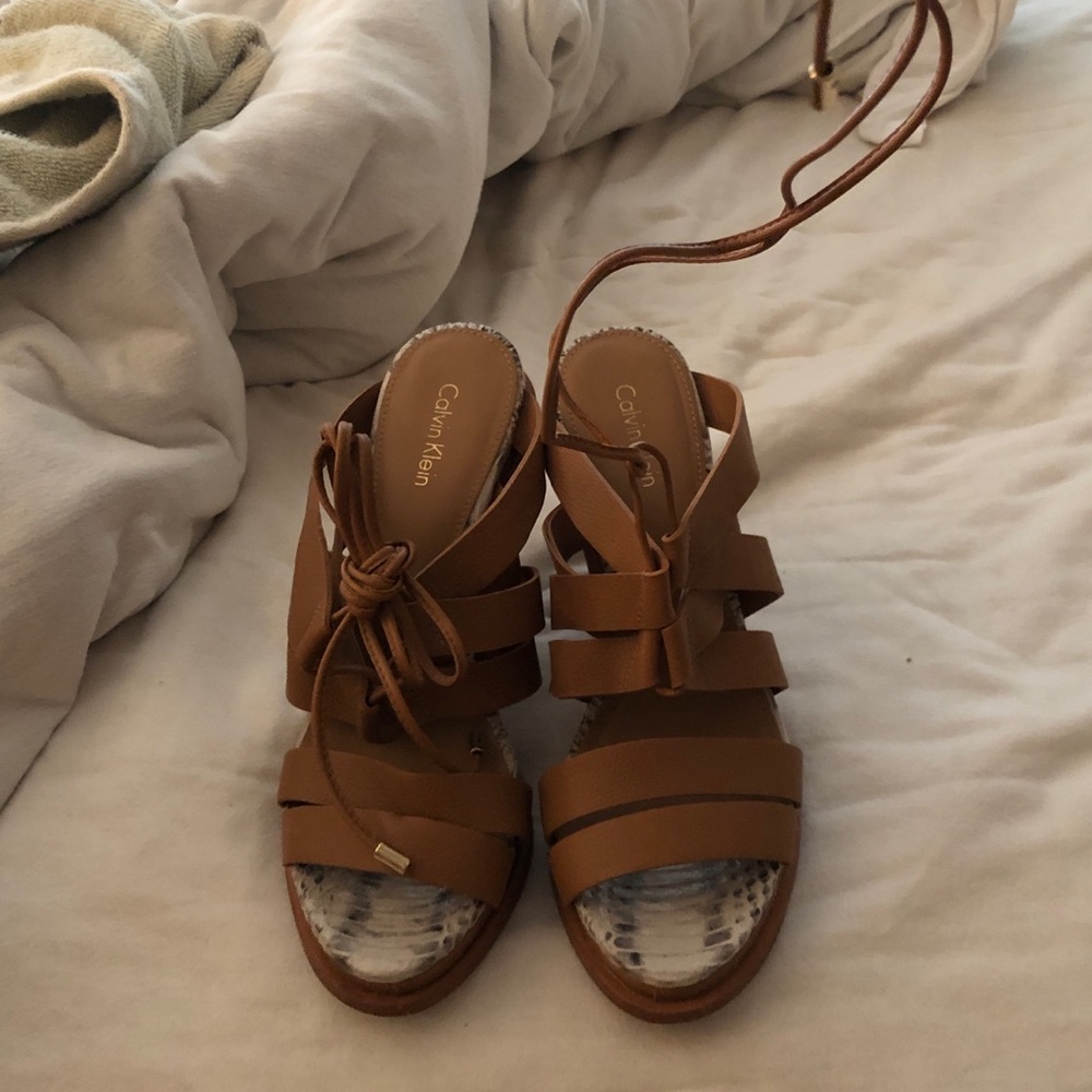 Calvin Klein tan block heels
